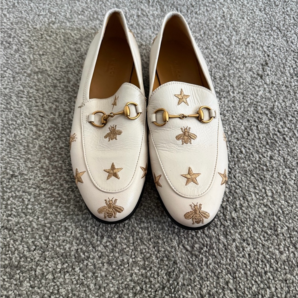 Gucci Cream Leather Horsebit Loafers with Gold Embroidered Stars & Bees